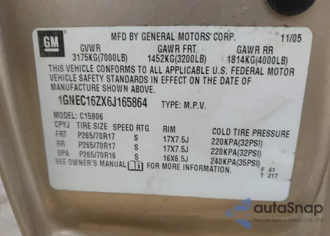 2006 Chevrolet Suburban 1500 Lt from USA, damaged, VIN 1GNEC16ZX6J165864